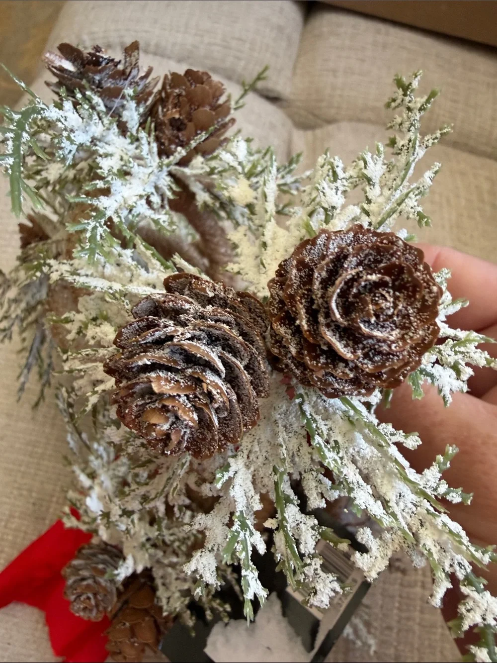 7- Red Pinecone and Snowy Green Holiday Wreath Accent napkin ring holder